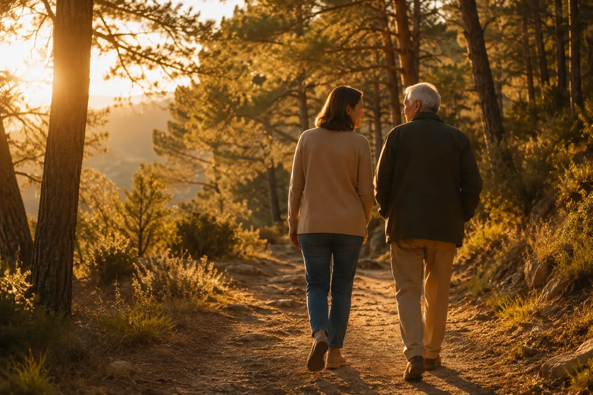 Una hija y su padre mayor caminan juntos por un sendero de bosque con luz dorada al atardecer